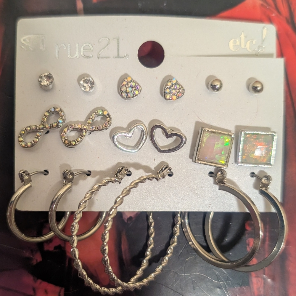 Rue21 Earrings Multi Set Studs, Hoops, Hearts Bows Silver 9 Pairs Classic Casual